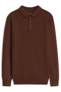 Mixed-structure knit polo in a wool blend, Brown