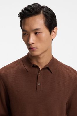 Mixed-structure knit polo in a wool blend, Brown