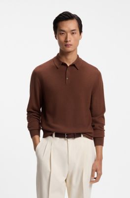 Mixed-structure knit polo in a wool blend, Brown