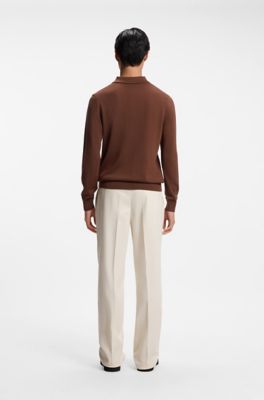 Mixed-structure knit polo in a wool blend, Brown
