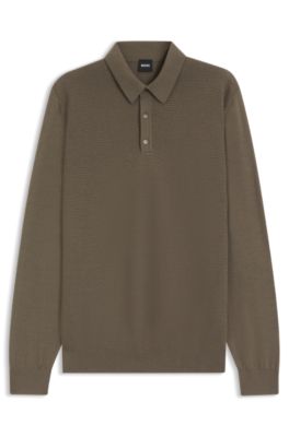 Mixed-structure knit polo in a wool blend, Brown