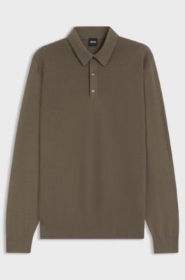 Mixed-structure knit polo in a wool blend, Brown