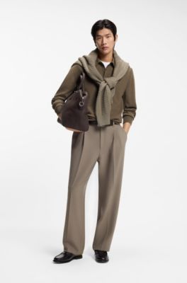 Mixed-structure knit polo in a wool blend, Brown