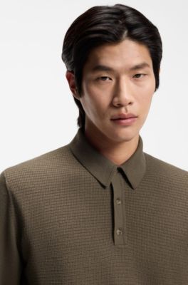 Mixed-structure knit polo in a wool blend, Brown