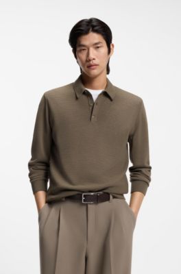 Mixed-structure knit polo in a wool blend, Brown