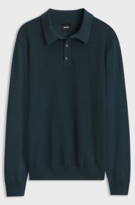 Mixed-structure knit polo in a wool blend, Dark Blue