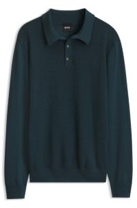 Mixed-structure knit polo in a wool blend, Dark Blue