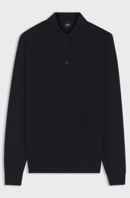 Gebreide polo van een wolmix met verschillende structuren, Donkerblauw