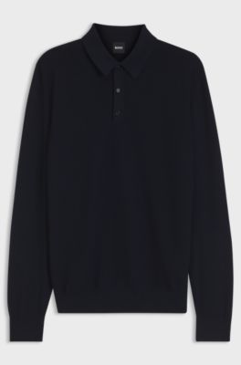 Mixed-structure knit polo in a wool blend, Dark Blue