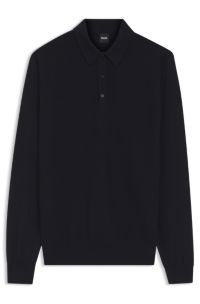 Mixed-structure knit polo in a wool blend, Dark Blue