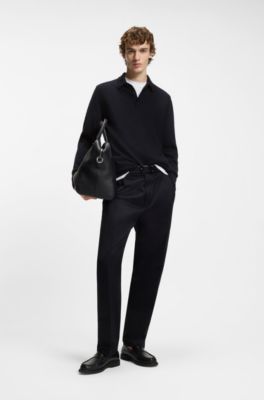 Mixed-structure knit polo in a wool blend, Dark Blue