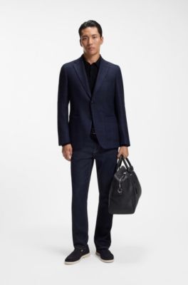 Mixed-structure knit polo in a wool blend, Dark Blue
