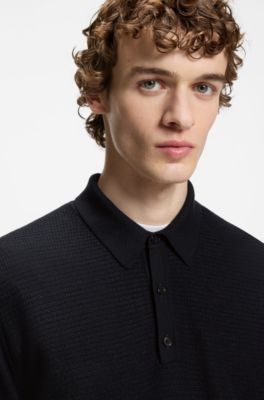 Mixed-structure knit polo in a wool blend, Dark Blue