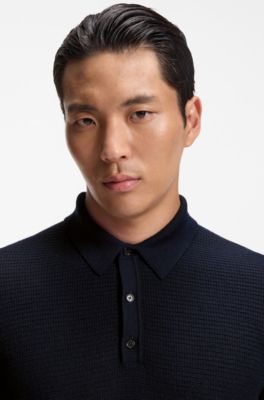 Mixed-structure knit polo in a wool blend, Dark Blue