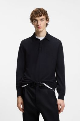 Polo de punto con diferentes estructuras en mezcla de lana, Azul oscuro