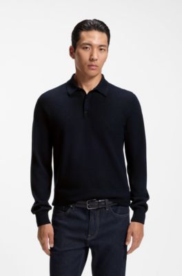 Mixed-structure knit polo in a wool blend, Dark Blue