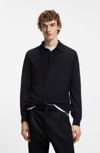 Mixed-structure knit polo in a wool blend, Dark Blue