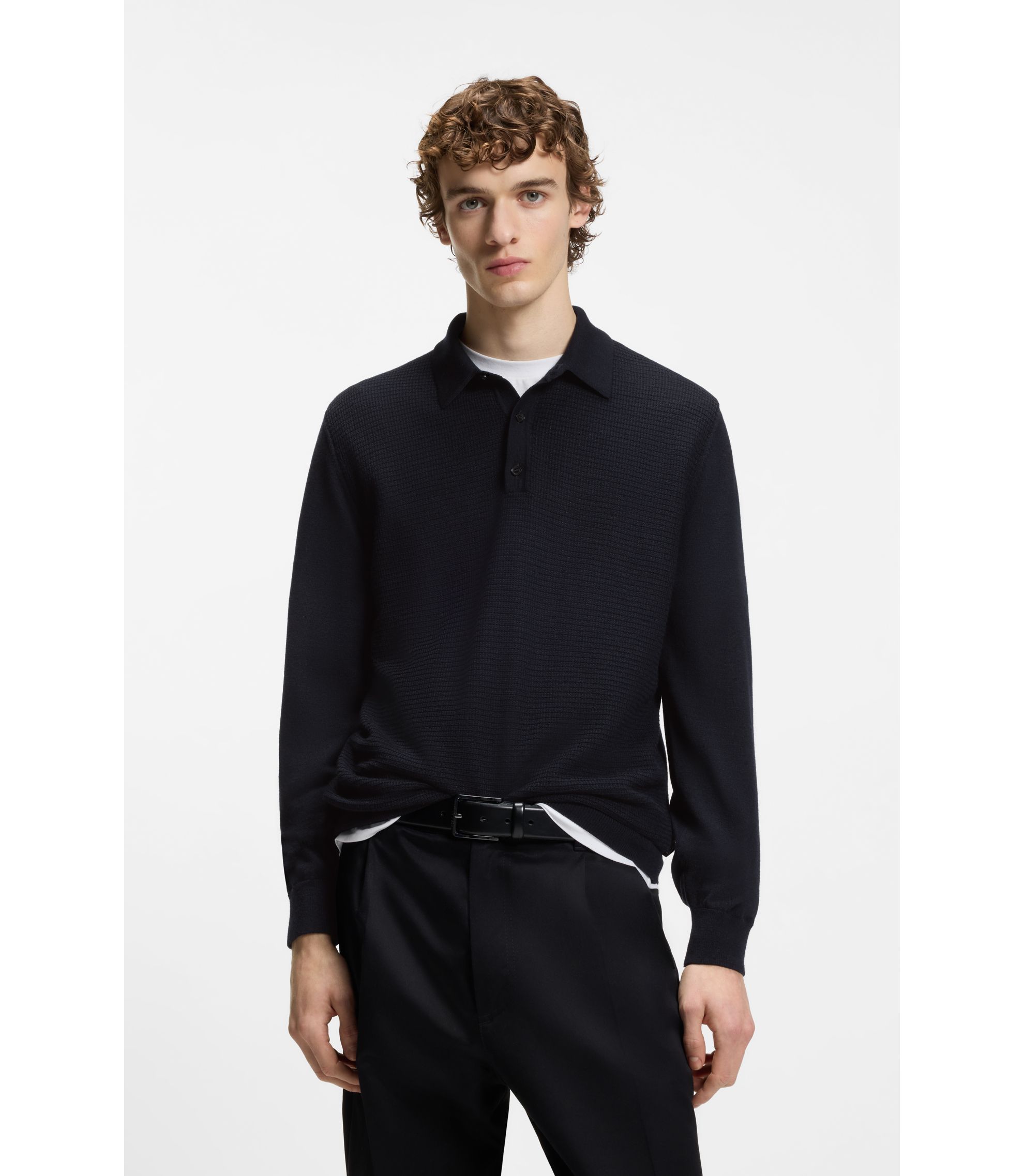 Strick-Poloshirt aus Woll-Mix mit verschiedenen Strukturen
