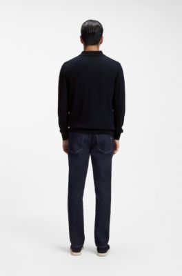 Mixed-structure knit polo in a wool blend, Dark Blue
