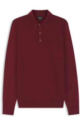 Mixed-structure knit polo in a wool blend, Dark Red