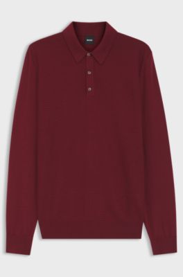 Mixed-structure knit polo in a wool blend, Dark Red