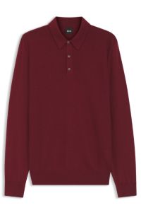 Mixed-structure knit polo in a wool blend, Dark Red