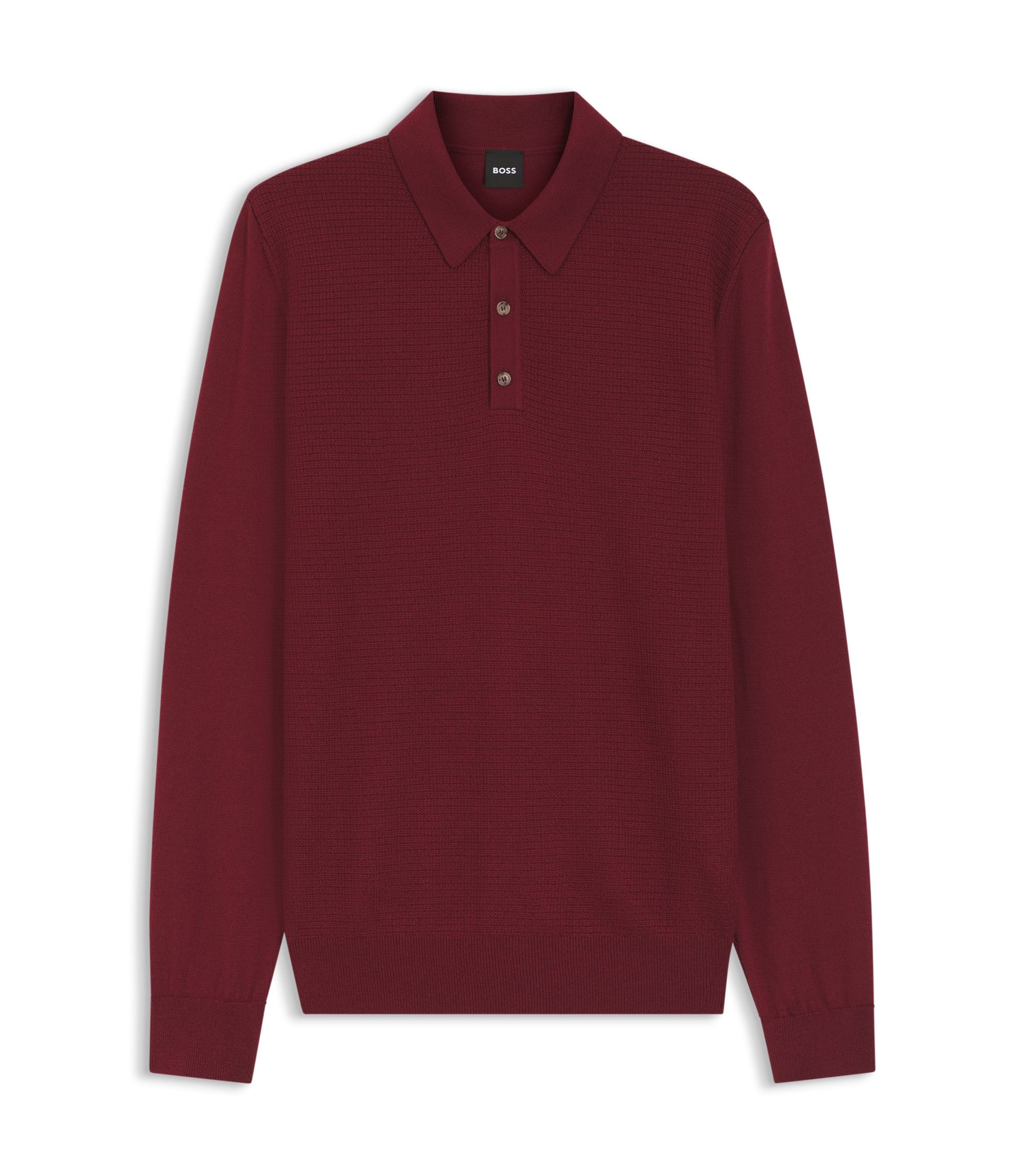BOSS - Mixed-structure knit polo in a wool blend - Dark Red