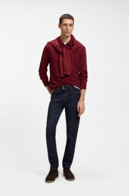 Mixed-structure knit polo in a wool blend, Dark Red