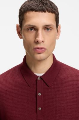 Mixed-structure knit polo in a wool blend, Dark Red