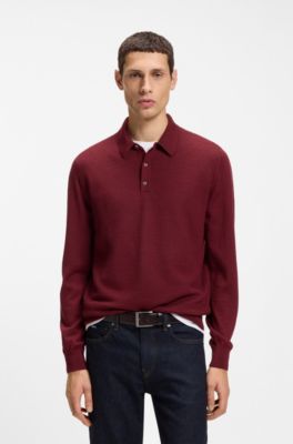 Mixed-structure knit polo in a wool blend, Dark Red