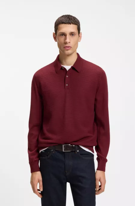 Mixed-structure knit polo in a wool blend