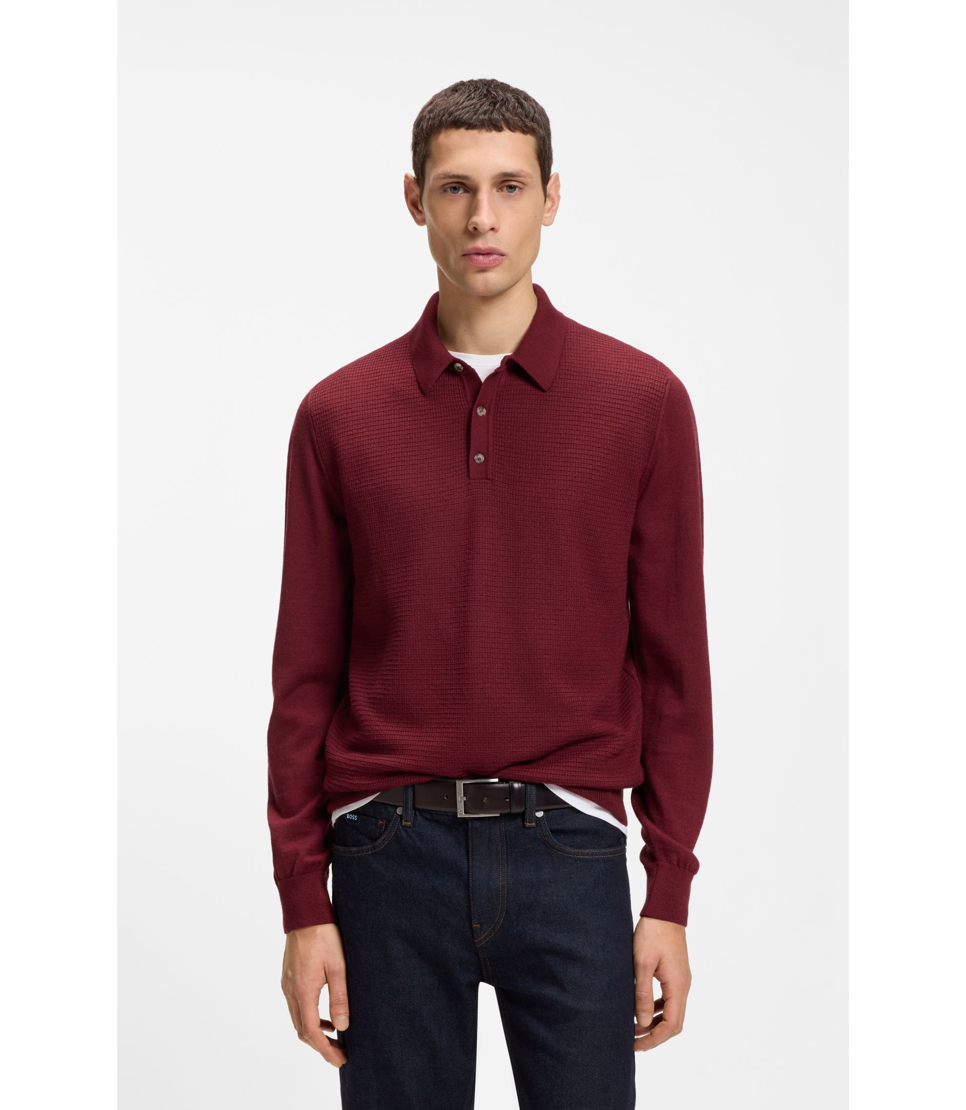 Strick-Poloshirt aus Woll-Mix mit verschiedenen Strukturen