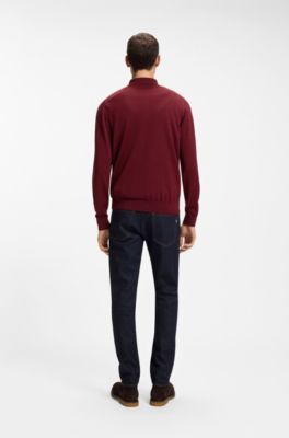 Mixed-structure knit polo in a wool blend, Dark Red