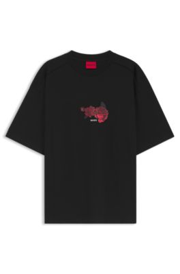 Oversized-fit cotton T-shirt with biker and roses graphic, Black
