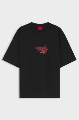 T-shirt oversize in cotone con grafica di motociclista e rose, Nero