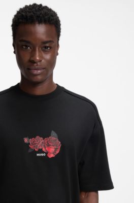 Oversized-fit cotton T-shirt with biker and roses graphic, Black