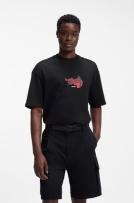 Oversized-fit cotton T-shirt with biker and roses graphic, Black