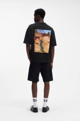 Oversized-fit cotton T-shirt with biker and roses graphic, Black