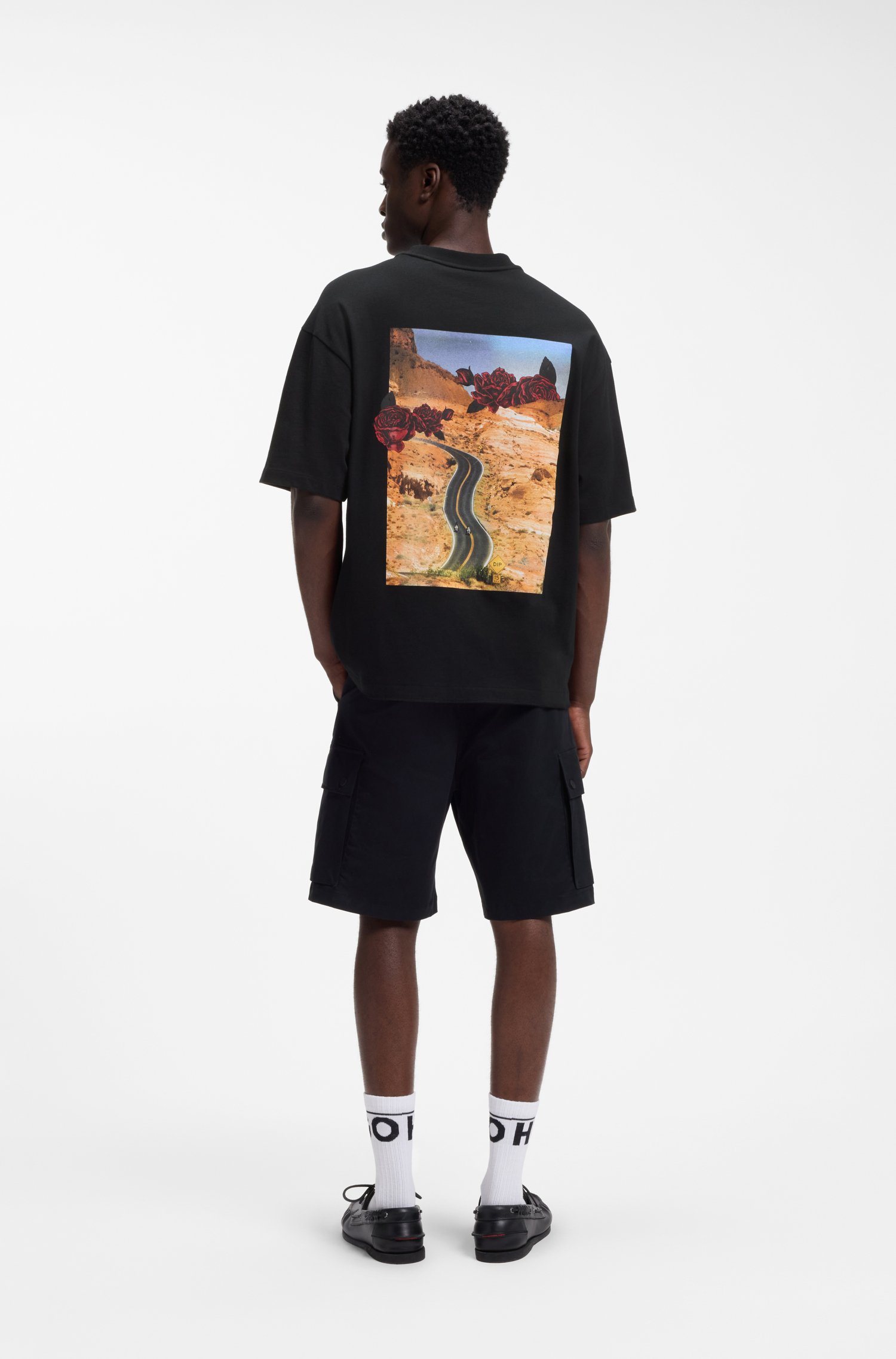 Hugo Oversized-fit cotton T-shirt with biker and roses graphic herr