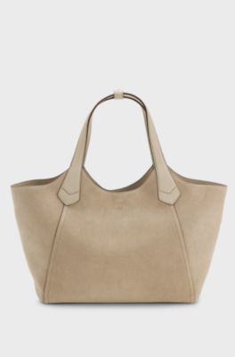 Tote Bag aus Veloursleder mit strukturiertem Lederbesatz, Hellbeige