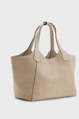 Tote bag in suede with textured-leather trims, Light Beige