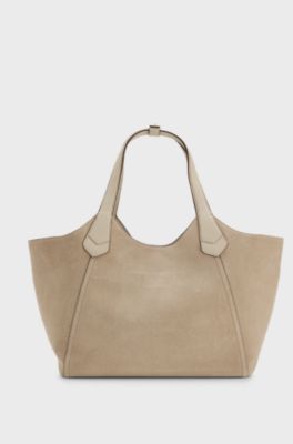 Tote bag in suede with textured-leather trims, Light Beige