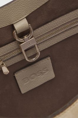 Tote bag in suede with textured-leather trims, Light Beige