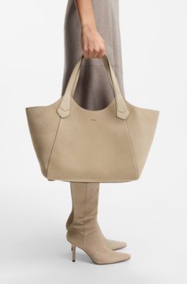 Tote Bag aus Veloursleder mit strukturiertem Lederbesatz, Hellbeige