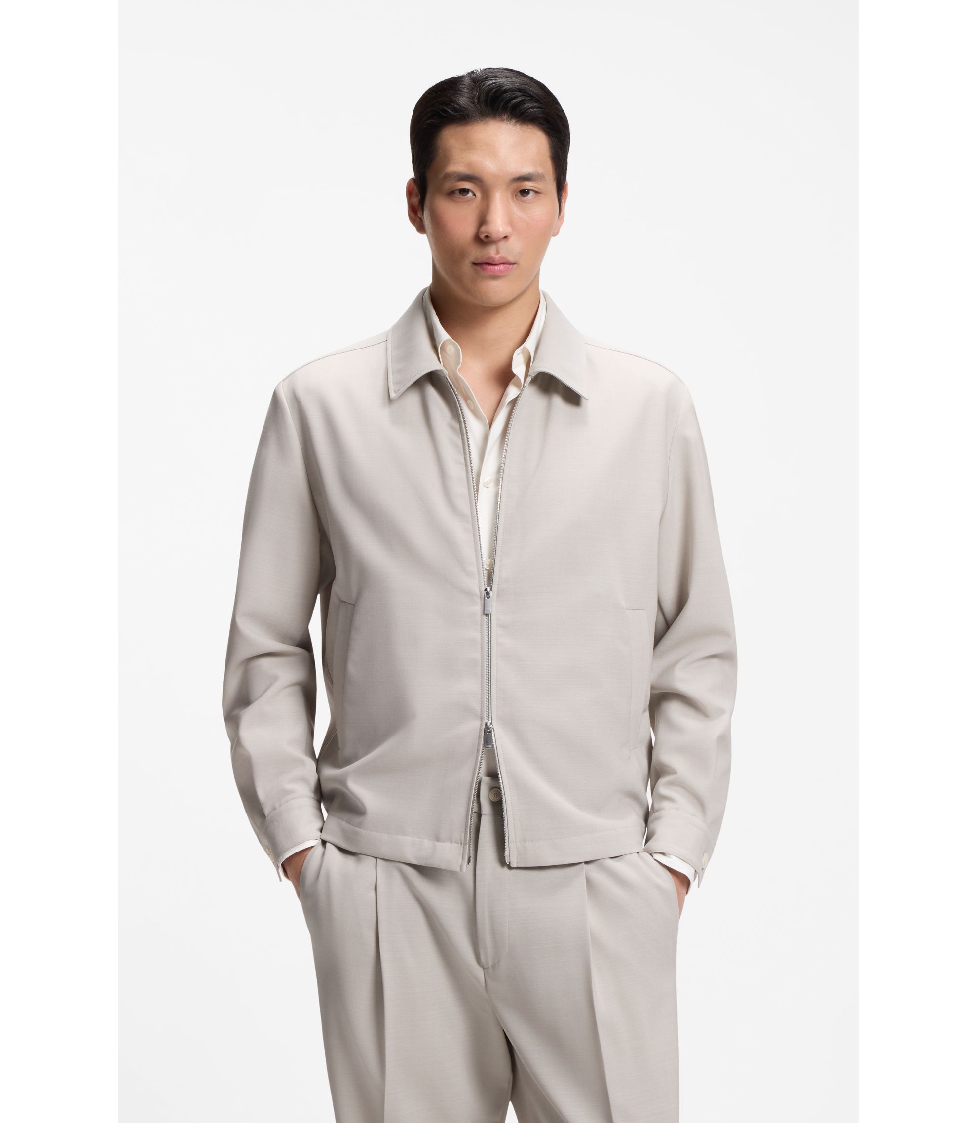 BOSS - Relaxed-fit zip-up jacket in patterned virgin wool - Light