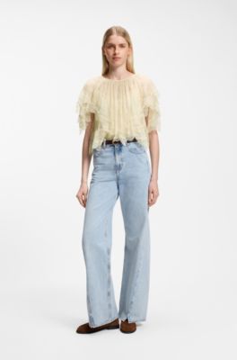 Mini cape blouse with lace trimmings, Light Yellow