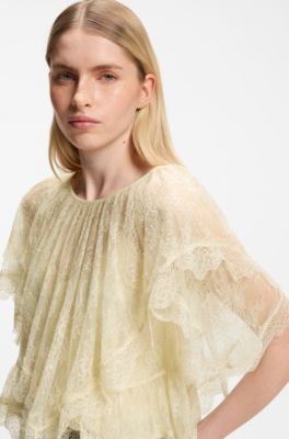 Mini cape blouse with lace trimmings, Light Yellow