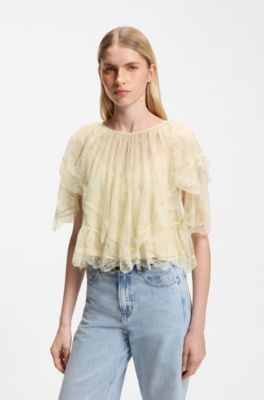 Mini cape blouse with lace trimmings, Light Yellow