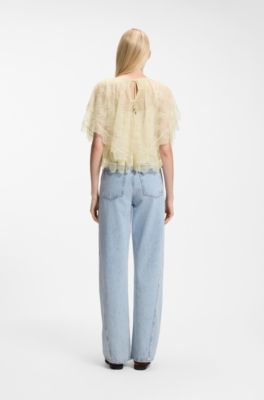 Mini cape blouse with lace trimmings, Light Yellow