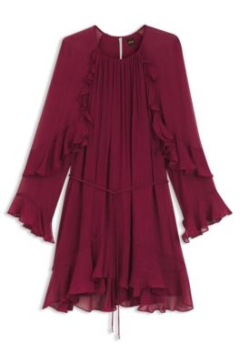 Belted dress with bell sleeves, Dark Red